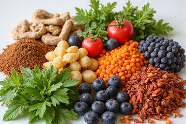 Composizione di ingredienti naturali come erbe, frutti e spezie
