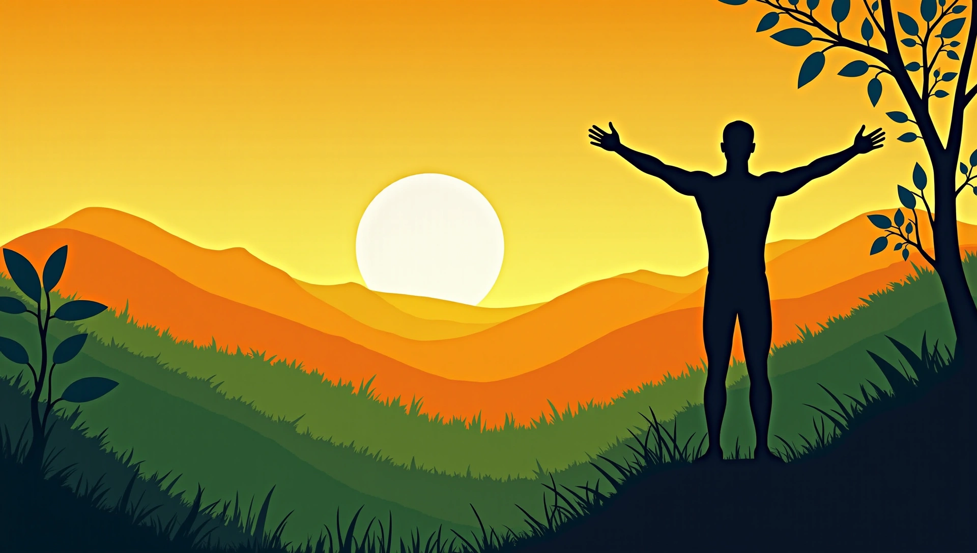 Paesaggio naturale rigoglioso con un uomo energico in silhouette