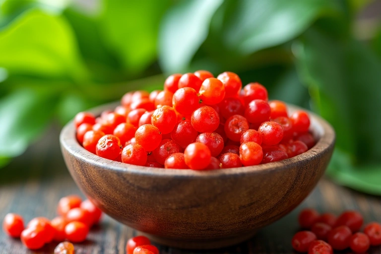 Bacche di Goji rosse e luminose in una ciotola di legno, con foglie verdi sullo sfondo, che suggeriscono vitalità e antiossidanti.