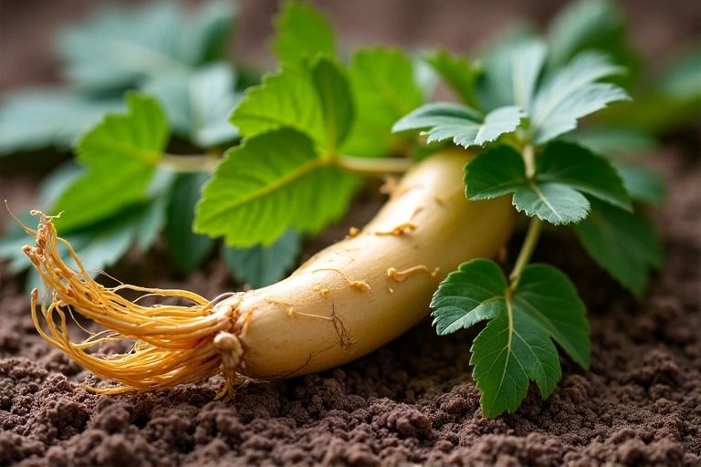 Radice di Ginseng fresco con foglie, su uno sfondo naturale, simbolo di energia e vitalità.