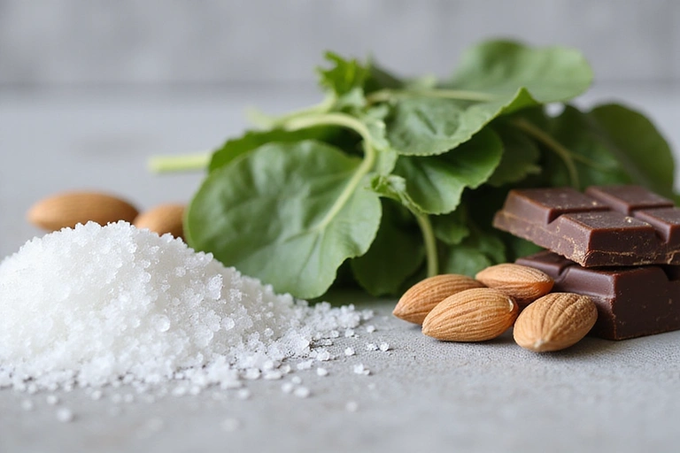 Sali di magnesio cristallini e alimenti ricchi di magnesio come spinaci e noci, che rappresentano un nutriente essenziale.