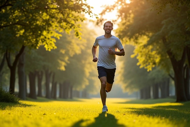 Un uomo che fa jogging in un parco, mostrando vitalità e salute.