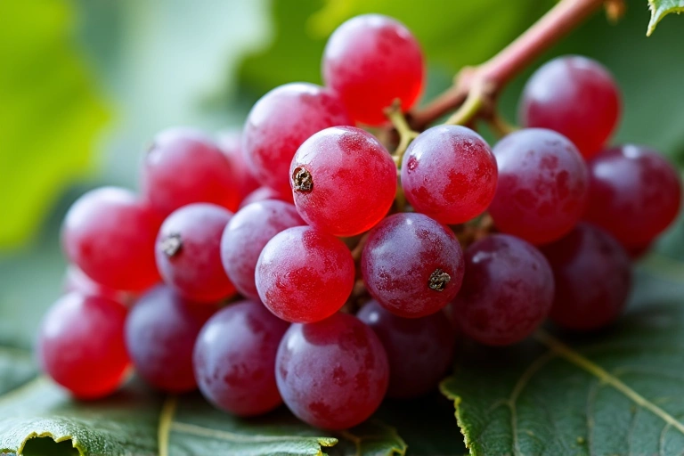 Un grappolo di uva rossa e foglie di vite, che rappresenta il Resveratrolo e i suoi benefici cardiovascolari.