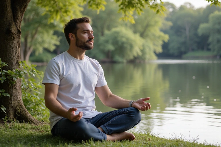 Un uomo che medita in un ambiente naturale e tranquillo, simbolo di pace interiore e gestione dello stress.