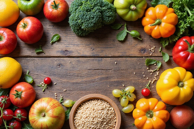 Un tavolo imbandito con frutta fresca, verdura colorata e cereali integrali, che illustra una dieta sana.