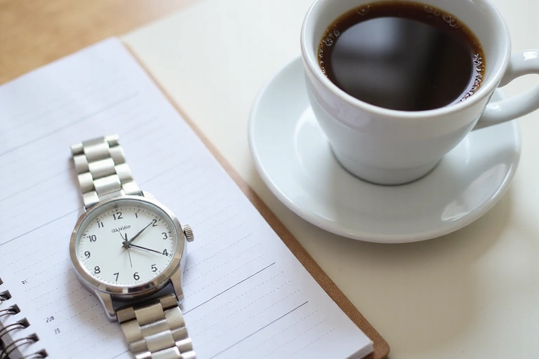 Un orologio da polso che indica un'ora mattutina, con una tazza di caffè e un quaderno, che suggerisce una routine mattutina strutturata.