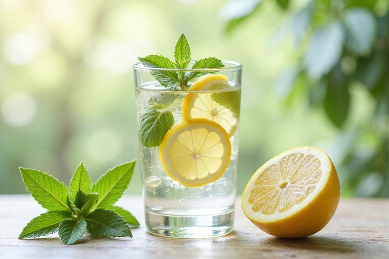 Un bicchiere d'acqua fresca con fette di limone e foglie di menta, che rappresenta l'idratazione e la disintossicazione.