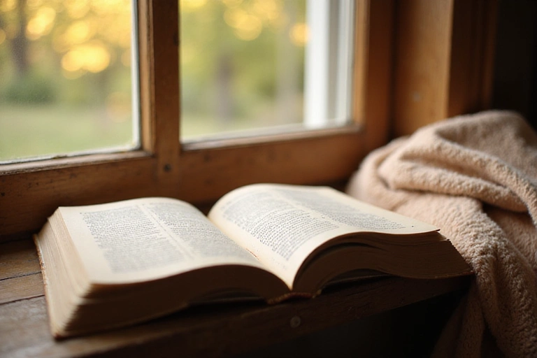 Un libro aperto in un ambiente tranquillo e accogliente, simbolo di apprendimento e crescita personale.