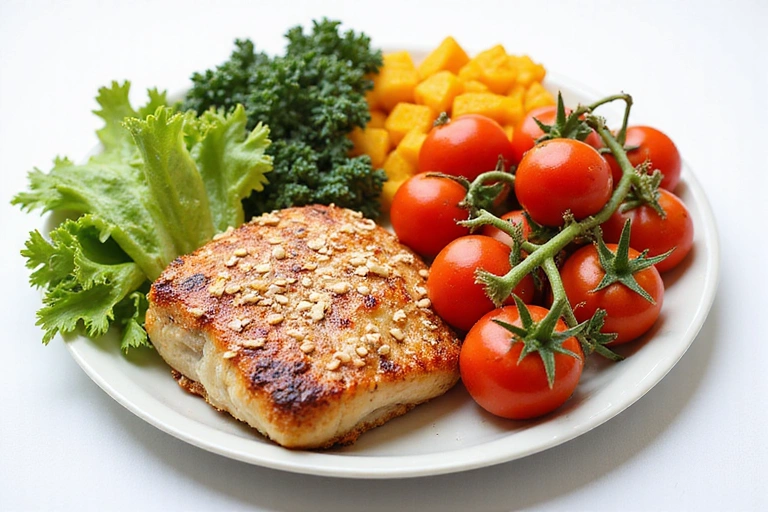 Un piatto colorato e nutriente con proteine magre, verdure e cereali integrali, che rappresenta una dieta equilibrata.