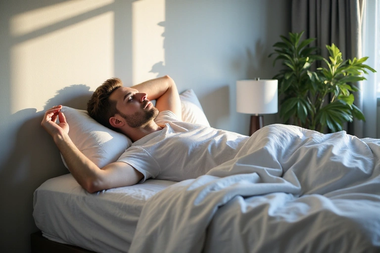 Un uomo che si sveglia riposato in un ambiente sereno e ben illuminato, simbolo di un sonno di qualità.