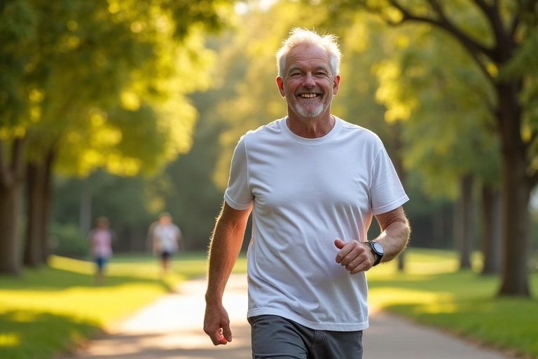 Un uomo di mezza età che cammina a passo svelto in un parco, mostrando un esempio di attività fisica moderata.