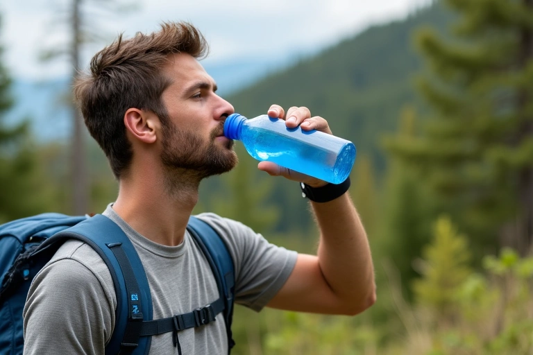 Un uomo che beve acqua da una borraccia riutilizzabile durante un'escursione, simbolo di idratazione e salute all'aperto.