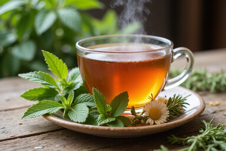 Una tazza di tisana fumante su un tavolo di legno accanto a erbe fresche, simbolo di relax e rimedi naturali.
