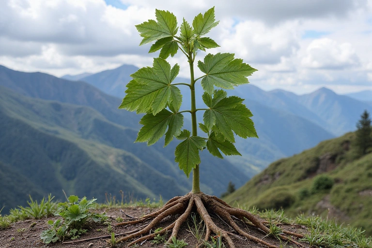 Una pianta di Maca peruviana con le sue radici, su uno sfondo montano andino, simbolo di resistenza e equilibrio.