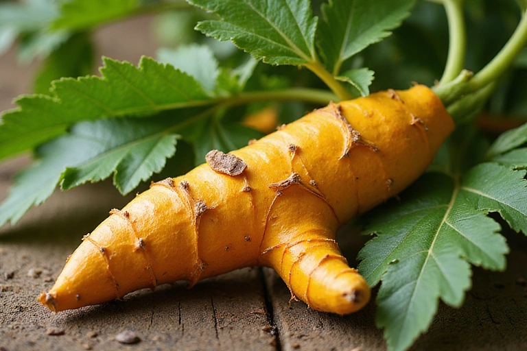 Una pianta di Curcuma con la sua radice gialla intensa, che indica proprietà antinfiammatorie naturali.