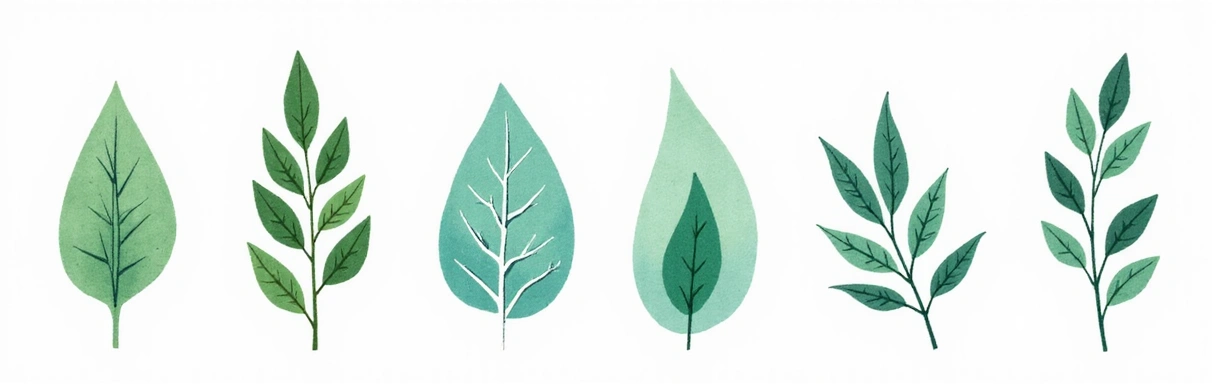 Illustrazioni astratte che simboleggiano la natura e il benessere, con elementi vegetali e forme fluide in tonalità verdi e blu.