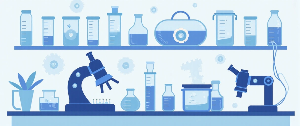Immagine stilizzata di un processo di laboratorio con provette, microscopi e apparecchiature scientifiche, che rappresentano i controlli di qualità e la produzione in ambienti sterili. Colori puliti e moderni.