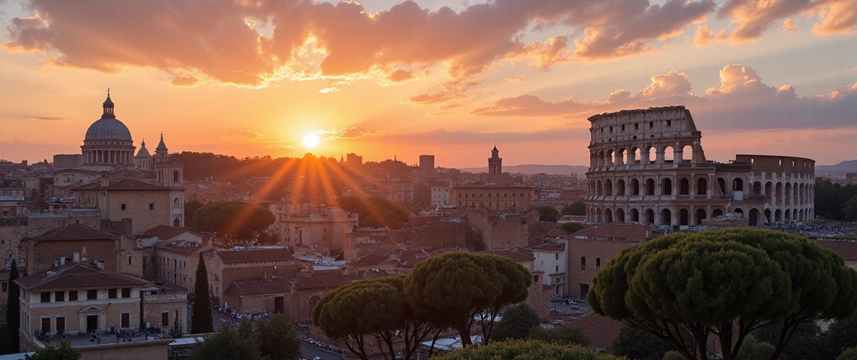 Panoramica di Roma al tramonto, con il Colosseo e altri monumenti storici, immersa in una luce calda e suggestiva.