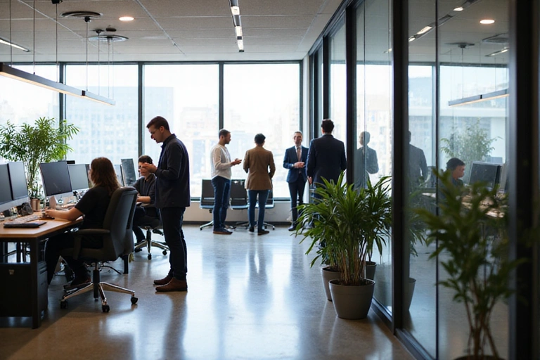 Immagine di un ufficio moderno con persone che lavorano e collaborano.