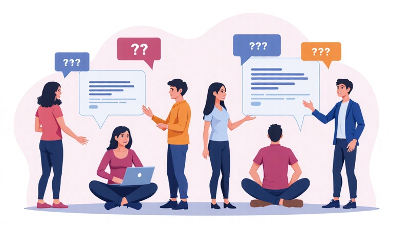 Illustrazione di persone che pongono domande e ricevono risposte, simboleggiando il supporto clienti