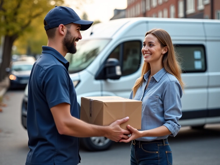 Corriere che consegna un pacco con un sorriso